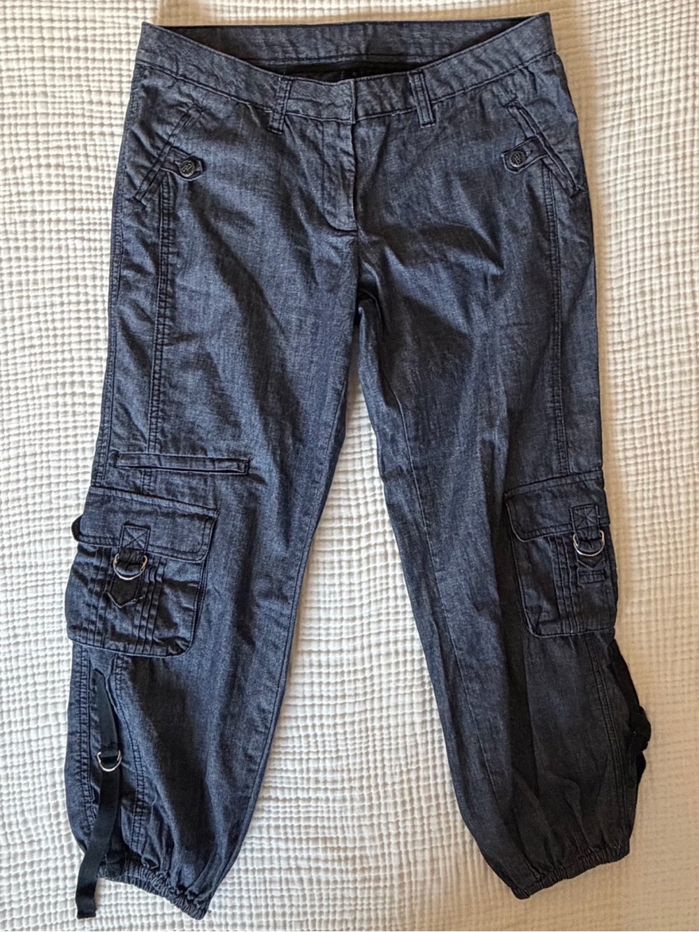 Bisou Bisou Blue Utilitarian Denim Pant Hardware and Ribbon Tie Accents Sz 8